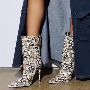 AZALEA WANG Beige Snake Print Cocktail High Heel Boots